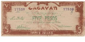 S-191a Cagayan 5 Peso note, 4th issue. Banknote