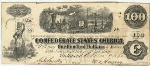 Confederate T-40.
Quartermaster issued.
Manuscript on reverse:
Issued Feby. 7th 1863
W. F. Haines
Maj + qm
CSA Banknote