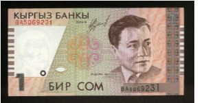 1 Som.

Abdilas Maldibayeff at right on face; string musical instruments, Bishkek's Philharmonic Society and Manas Architectural Ensemble at left center on back.

Pick #15 Banknote