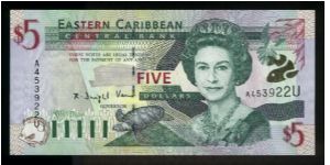 5 Dollars.

East Caribbean States (Anguilla).

Queen Elizabeth II at center right, turtle at lower center, green-throated carib at top left on face; Admiral's House in Antigua and Barbuda at left, Trafalgar Falls in Dominica at right on back.

Pick#37g Banknote