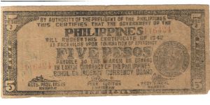 S136d Bohol 5 Pesos note. Banknote