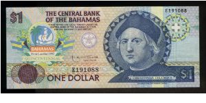 1 Dollar.

Commemorative Issue (Quincentennial of Lirst Landfall by Christopher Columbus).

Commercial seal at left, bust of Christopher Columbus at right with compass face behind on face; flamingos, rose-throated parrots, lizard, islands, ships across back with arms at lower right.

Pick #50 Banknote