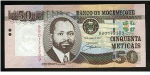 50 Meticais.

President Samora Moises Machel cameo at center left on face; kudu at center on back.

Pick #NEW Banknote