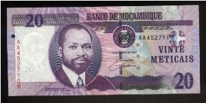20 Meticais.

President Samora Moises Machel cameo at center left on face; rhinoceros at center on back.

Pick #NEW Banknote