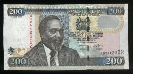 200 Shillings.

Mzee Jomo Kenyatta at left on face; cotton harvesting scene on back.

Pick #NEW Banknote