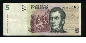 5 Pesos.

General Jose de San Martin at right, General San Martin on horseback with troops at center on face; Monument to the Glory at Mendoza at left center on back.

Pick#347 Banknote