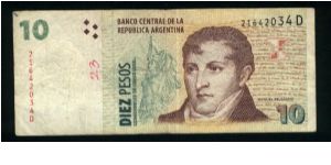 10 Pesos.

Manuel Belgnao at right, Liberty with flag at center on face; Monument to the Flag at Rosario with city in background at left center on back.

Pick# 348 Banknote
