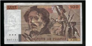 100 Francs.

Eugène Delacroix and Marianne holding tricolor, part of Delacroix's painting La Liberté Guidant le Peuple on face; Delacroix holding a quill pen on back.

Pick #154h Banknote