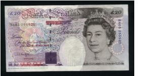 20 Pounds.

Queen Elisabeth II at right, Britannia at left, broken vertical foil strip and purple optical device at left center on face; Michael Faraday with students at left, portrait at right on back.

Pick #387a Banknote