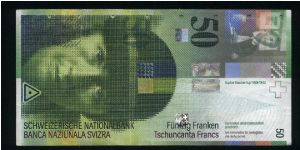 50 Franken.

Enhanced secutiry feactures; perfored value 50 in the paper, on letter D.

Artist Sophie Taeuber-Arp at upper left and bottom on face; examples of her abstract works on back.

Pick #68 Banknote