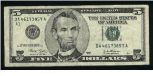 5 Dollars.

Serie 2003 A1.

Prtrait of Abraham Lincoln at center on face; Lincoln Memorial on back.

Pick #517 Banknote