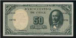 5 Centesimos on 50 Pesos.

Red overprinting 5 Centesimos de Escudo on watermark area on back.

Portrait of Anibal Pinto at right on face; value 50 at left, arms at center on back.

Pick #126a Banknote