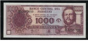 1,000 Guaranies.

Commemorative Issue; 50th Anniversary of the Banco Central de Paraguay.

Mariscal Francisco Solano Lopez at right on face; national shrine on back.

Pick #221 Banknote