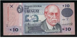 10 Pesos Uruguayos.

Eduardo Acevedo Vàsquez at right on face; agronomy building at left on back.

Pick #81 Banknote