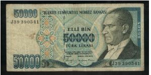 50,000 Lira.

President Ataturk at right on face; National Parliament House in Ankara at left center on back.

Pick #203a Banknote