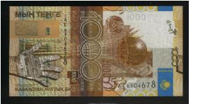1,000 Tenge.

Astan-Baiterek Monument in Astana, some musical notes from the national anthem, hand at left and national flag at right on face; outline map of the country, fortress on a hill and buildings on back.

Pick #NEW Banknote
