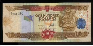 100 Dollars.

Arms at right, Solomon's country flag at left center on face; man opening some coconuts at center on back.

Pick #NEW Banknote
