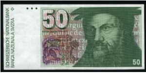 50 Franken.

Format: 159x74mm

Konrad Gessner on face; eagle owl, Primula auricu-la plant and stars on vertical format on back.

Pick #56h Banknote