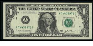 1 Dollar.

Series 2003 A.

Portrait George Washington at center on face; Great Seal flanking ONE on back.

Pick #515 Banknote