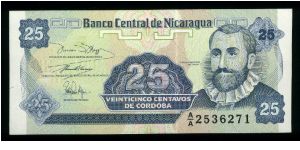 25 Centavos (de Cordobas).

F. H. Cordoba at right on face; arms at left, flower at right on back.

Pick #170 Banknote