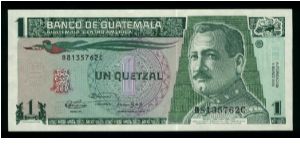 1 Quetzal.

General J. Orellana at right, Quetzal bird at upper center on face; Banco de Guatemala building and ancient seals on back.

Pick #73

Pick Banknote