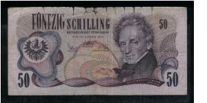 50 Schilling.

Ferdinand Raimund at right, arms at left on face; Burg Theater in Vienna at left center on back.

Pick #143a Banknote