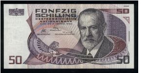 50 Schilling.

Sigmund Freud at right on face; Vienna's Josephinum Medical School at left center on back.

Pick #149 Banknote