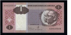 1 Kwanza.

Portrait of conjoined busts of Jose Eduardo dos Santos and Antonio Agostinho Neto at right on face; women picking cotton, arms at lower left and mask at upper right on back.

Pick #143 Banknote