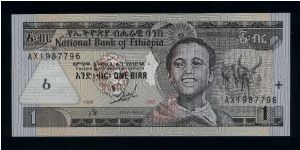 1 Birr.

Young man at center right, longhorns at right and latent image (map of ethiopia) with value at left on face; whited-throated bee-eaters and Tisisat waterfalls of Blue Nile on back.

Pick #46a Banknote