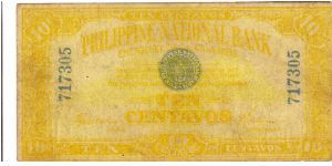 PI-39 Philippine National Bank 10 centavos. Authentic note. Banknote