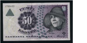 50 Kroner.

Karen Blixen at right on face; centaur stone relief from Landet Church, Tasinge at left center on back.

Pick #55 Banknote
