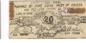 SMR-271 RARE Free Samar 20 Centavos note. Banknote