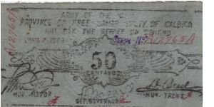 SMR-274a Super RARE Free Samar 50 Centavos note on blue Internal Revenue form. Banknote