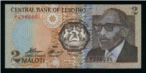 2 Maloti.

Civilian bust of King Moshoeshoe II in portrait at right, arms at center on face; building and Lesotho flag at left on back.

Pick #9a Banknote
