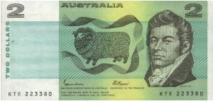 2 Dollars Dated 1985. 
Obverse: Sheep & John MacArthur Reverse: William Farrer & wheat. Banknote