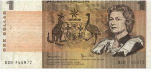 1 Dollar Dated 1983. Obverse: Coat of arms with a kangaroo and an emu &
H.M. Queen Elisabeth II Reverse: Aboriginal art - cave drawings. Banknote