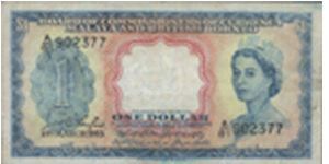 1 Dollars dated 21.3.1953 

Obverse:Portrait of HM Queen Elizabeth ll With tiger's head watermark in centre

Reverse:Design crests of the participating states including Brunei & Singapore on a ornamental design

Signed by W C Taylor

Engraved & printed by Waterlow & Sons Ltd, London. Blue & pink 

Size:121x63mm 

Series no: A81 902377

OFFER VIA EMAIL Banknote