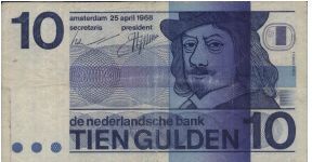 10 Gulden 

dated 25 April 1968

De Nederlandsche Bank,Amsterdam

Obverse:
Dk.blue on violet and m/c unpt.Stylized self-portrait of Frans Hals 

Reverse:
Modern design 

Series no:3146203773

Watermark:
Cornucopia

BID VIA EMAIL Banknote