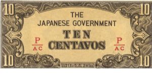 P-104b Philippine 10 Centavos note under Japan rule with fractional block letters P/AC. Banknote