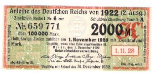 2000 Mark bond Coupon cash in date 1-11-28 Banknote