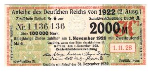 german Bond coupon
for 2000 Mark
#1 136 136
1 november 1928 Banknote