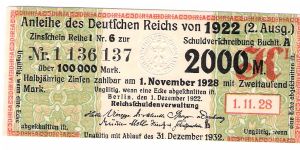 1922 German Bond for 2000 Mark
Nr 1 136 137 Banknote