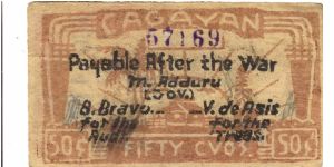 S-185a Rare Cagayan 50 centavos note with countersign stamp on reverse. Banknote