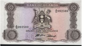 One of 4 Uganda notes of the 1st Issue 1966 Uganda
10 shs Note. Banknote