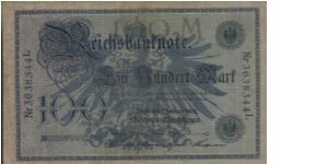 100 Mark. Berlin, 7 February 1908. Reich Bank Note with series no: Nr 3638344L.OFFER VIA EMAIL. Banknote