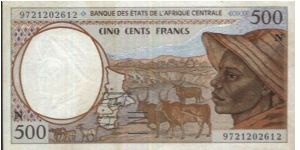 500 Francs. 

Obverse:Map of Central African States,Shepherd & zebus 

Reverse:Kota Mask, Antelopes & baobab

Watermark:Yes

Size:140x75mm

Control letters for C.A.S. countries banknotes 1993-2002

BID VIA EMAIL Banknote