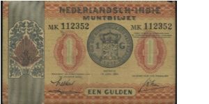NEDERLANDSCH-INDIE, BATAVIA 15 JUNE 1940. SIGNED BY DR.G.G.V.B. WICHERS & DR.R.E.SMITS,L.GOTZEN.(O)1 GULDEN COIN ,(R)BUDDHIST DOMES AT BOROBUDUR TEMPLE. PRINTED BY G KOLFF AND CO. 120X75MM. Banknote
