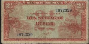 21/2 RUPIAH. LANDSCAPE II SERIES SIGNED BY DRS.SOEMITRO DJOJOHADIKOESOEMO.(O)STEP COAST AND PALM TREES (R)INDONESIA ARMS GARUDA PANCASILA. PRINTED BY SECURITY BANKNOTE COMPANY. 126X65MM Banknote