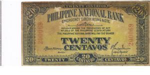 PI-40 Philippine National Bank 20 Centavos note. Will trade this note for Philippine notes I don't have. Banknote