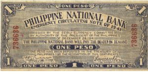 S-215 Cebu 1 Peso note. Will trade this note for Philippine notes I don't have. Banknote